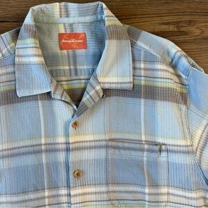 Tommy Bahama 100% Silk Short Sleeve Button Up Camp Shirt Large Blue Plaid Retro